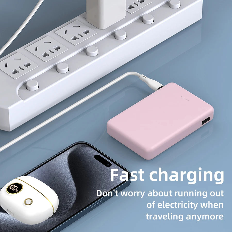 Mini 5000Mah Portable Power Bank with Built-In LED Digital Display, 1 USB-A Port and 3 Integrated Charging Cords, Ultra Compact External Battery Pack, Support Multiple Devices Simultaneous Charging Compatible with Android Smartphones Tablets Travel Emerg