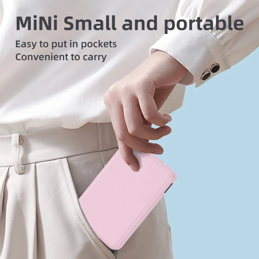 Mini 5000Mah Portable Power Bank with Built-In LED Digital Display, 1 USB-A Port and 3 Integrated Charging Cords, Ultra Compact External Battery Pack, Support Multiple Devices Simultaneous Charging Compatible with Android Smartphones Tablets Travel Emerg