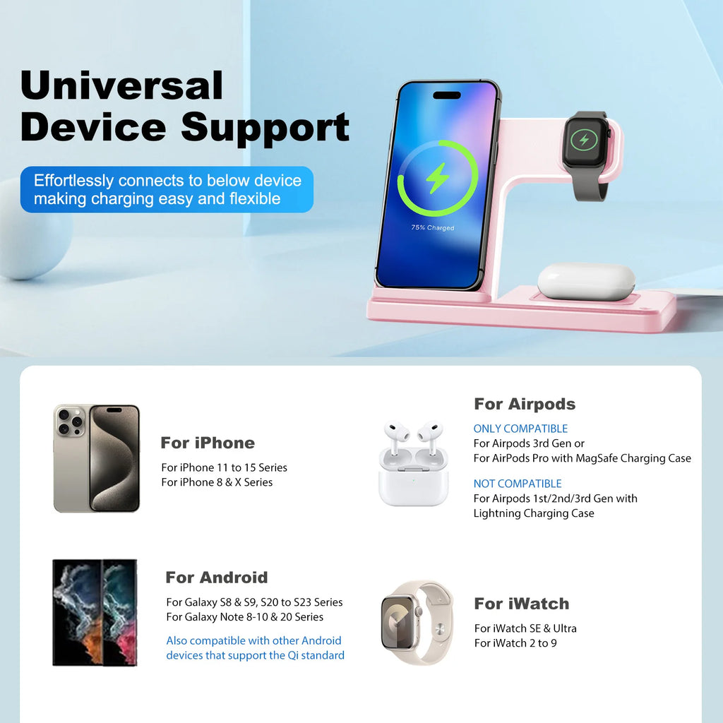 3 in 1 Magnetic Wireless Charger Stand 15W Fast Charging Dock Station Multiple Devices for Iphone 15 14 13 8 Apple Watch Airpods