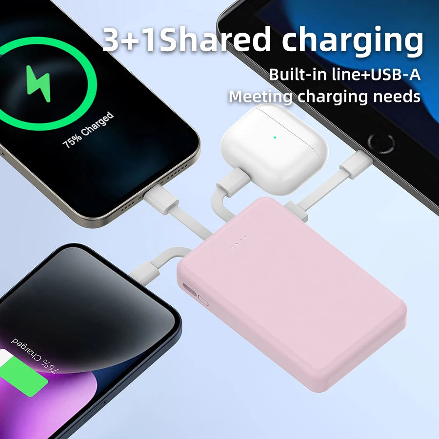 Mini 5000Mah Portable Power Bank with Built-In LED Digital Display, 1 USB-A Port and 3 Integrated Charging Cords, Ultra Compact External Battery Pack, Support Multiple Devices Simultaneous Charging Compatible with Android Smartphones Tablets Travel Emerg