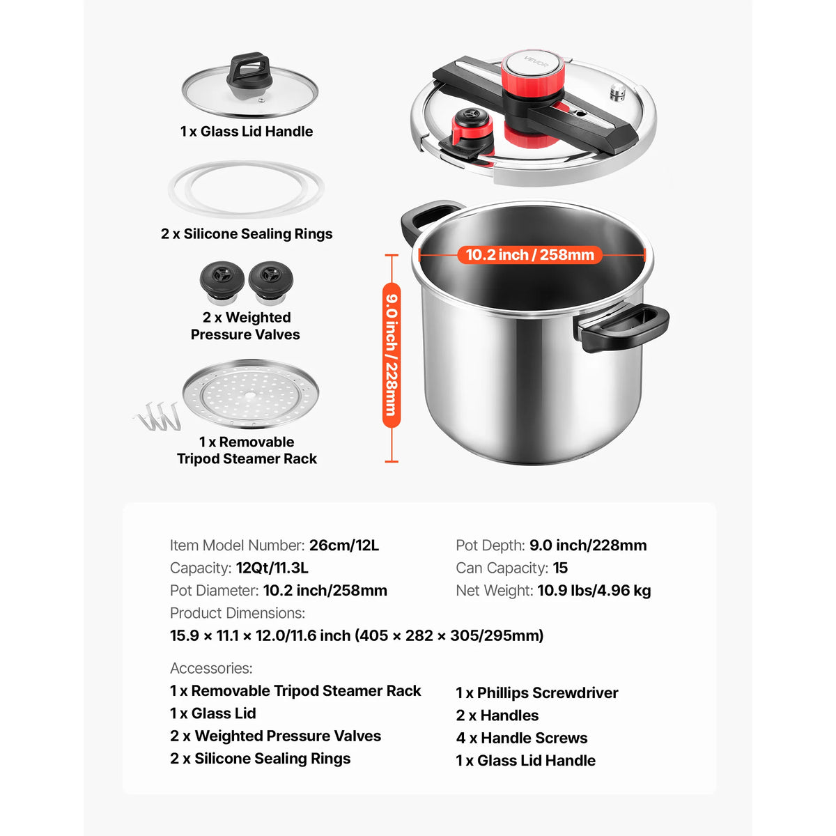 6.3 8 10 12 Qt Pressure Cooker Stainless Steel Pressures Canner with Steaming Rack Tempered Glass Lid for Meat, Beans,