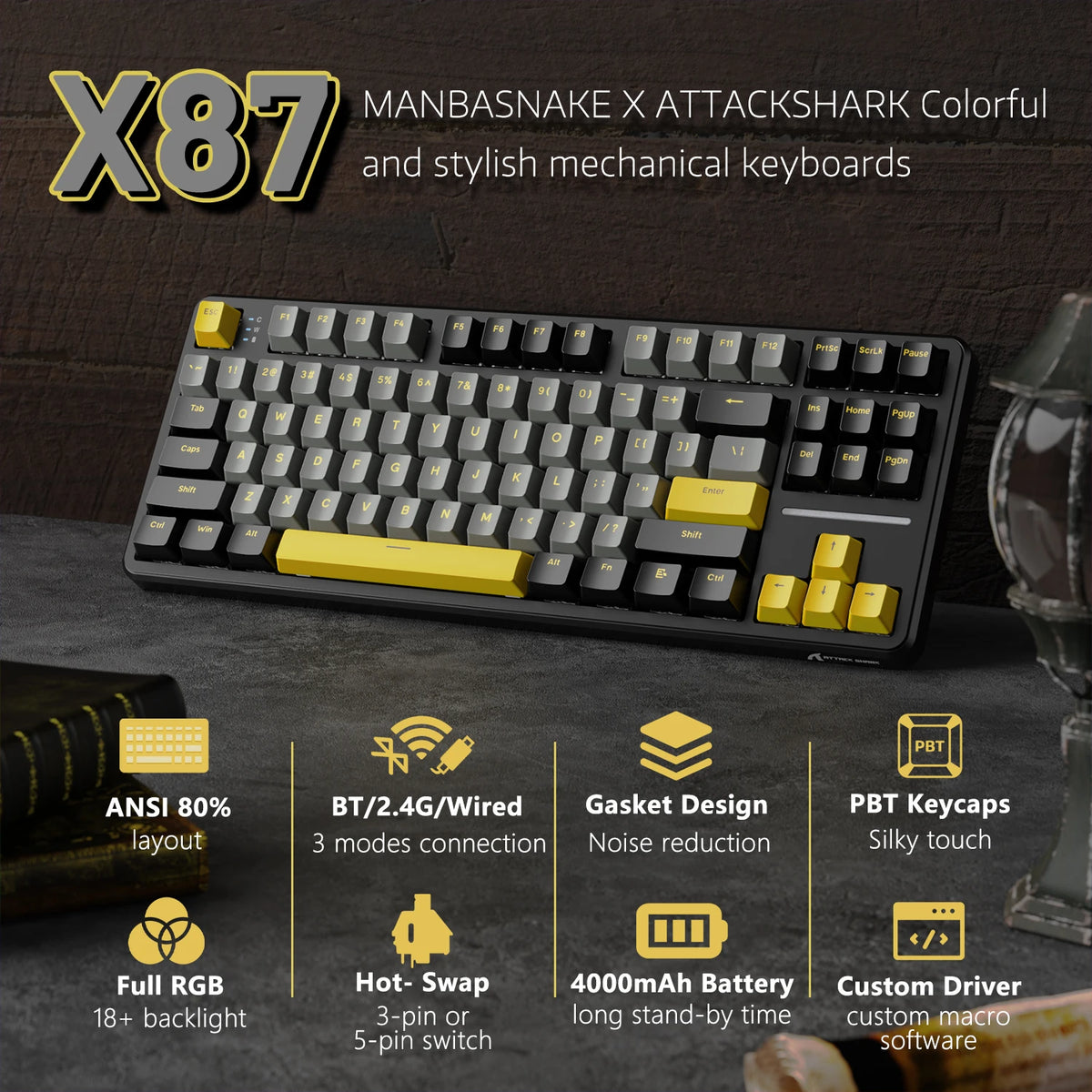 X87 Wireless Mechanical Gaming Keyboard, Tri-Mode Bt5.0/2.4Ghz/Usb-C Gasket Hot Swappable Custom Keyboard, Pre-Lube