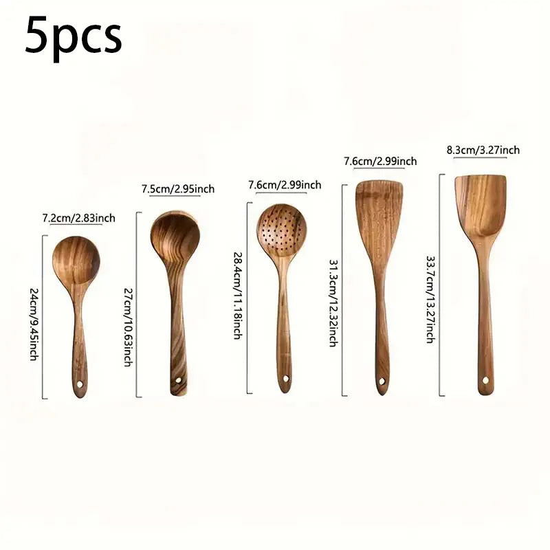 5Pcs Wooden Utensil Set with Hanging Holes, Food Grade Spoons and Spatula 24-33.7Cm, Non-Toxic Smooth Kitchen Tools for Cooking