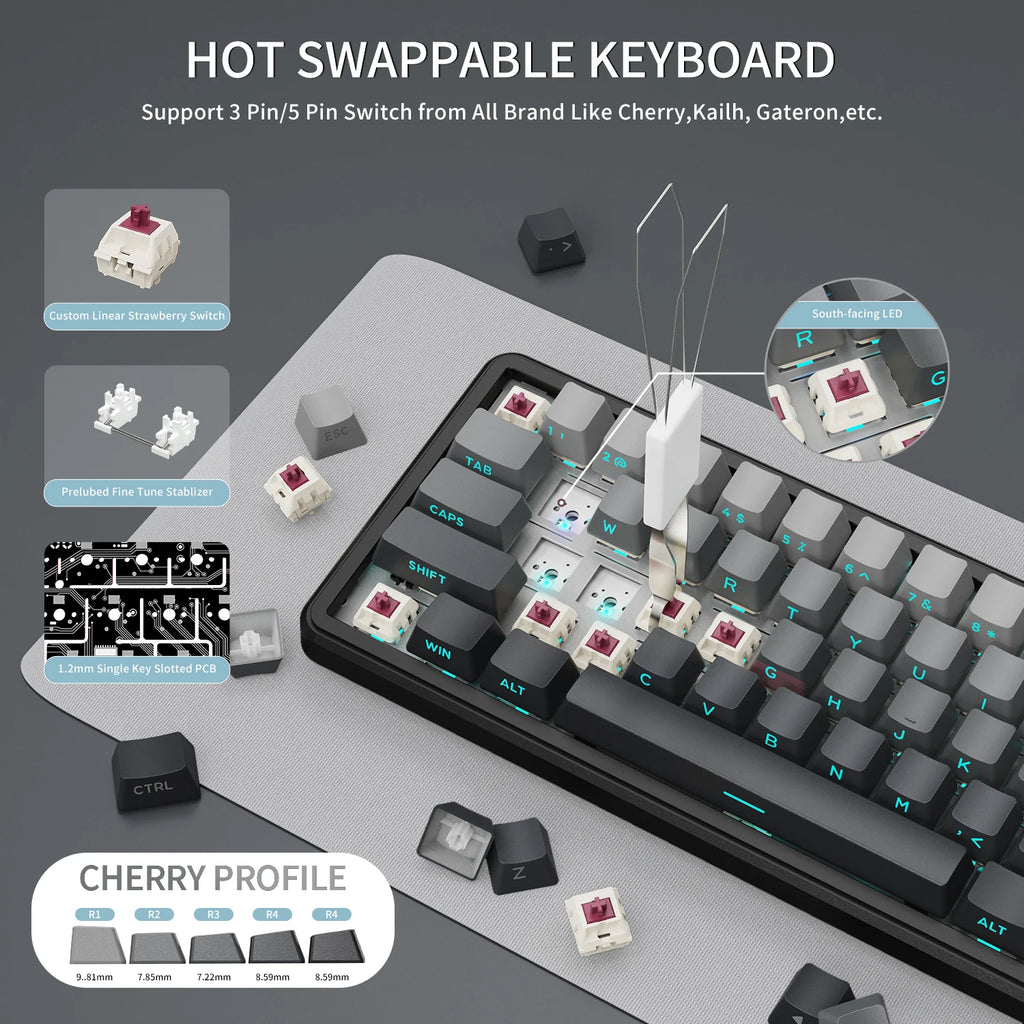 X66 65% Wireless Mechanical Keyboard with Knob, 66 Keys Tri Mode Gasket Hot Swap RGB Gaming Keyboard 60 Percent,Pbt