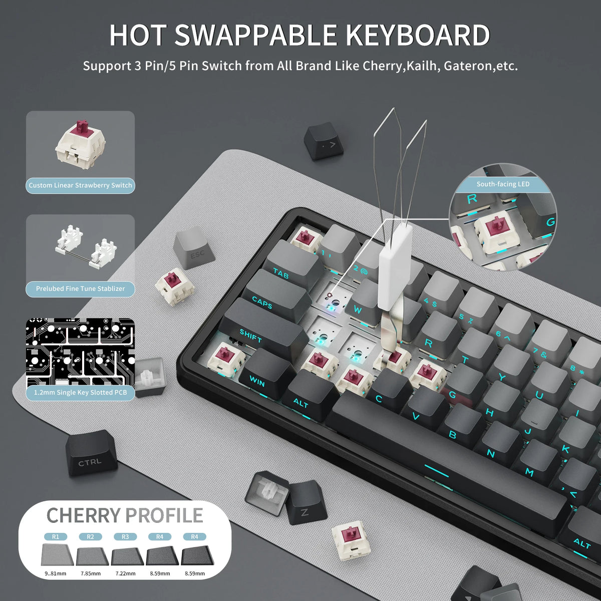 X66 65% Wireless Mechanical Keyboard with Knob, 66 Keys Tri Mode Gasket Hot Swap RGB Gaming Keyboard 60 Percent,Pbt
