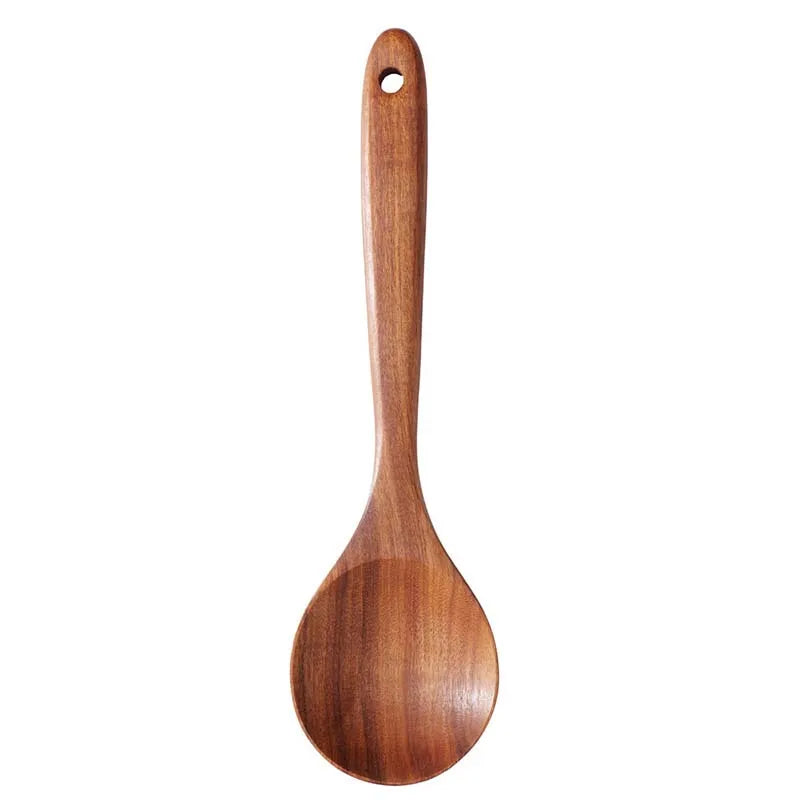 5Pcs Wooden Utensil Set with Hanging Holes, Food Grade Spoons and Spatula 24-33.7Cm, Non-Toxic Smooth Kitchen Tools for Cooking