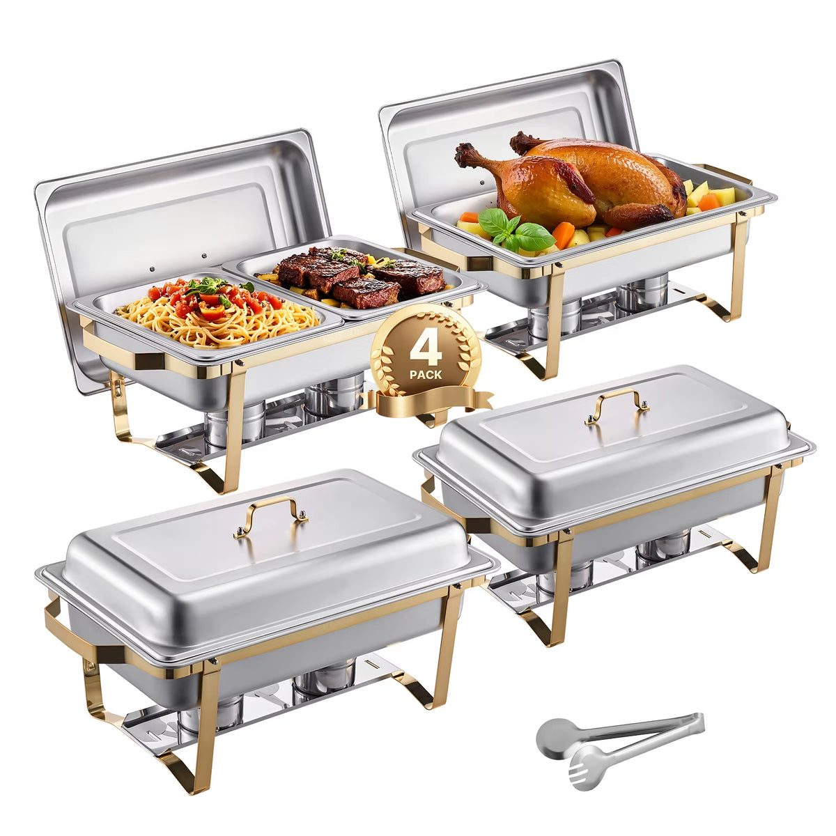 8 Qt 4 Pack Chafing Dish Buffet Set Stainless Steel Chafer with 2 Full Size and 4 Half Size Pans Catering Warmer Server