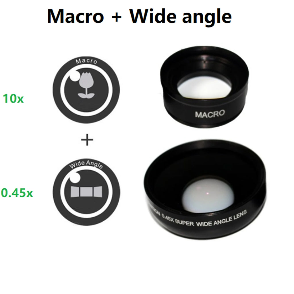 2-In-1 Mobile Phone Lens 0.45X Wide Angle Lens 10X Macro HD Camera Lens Universal for Iphone for Android Phone Len Clip