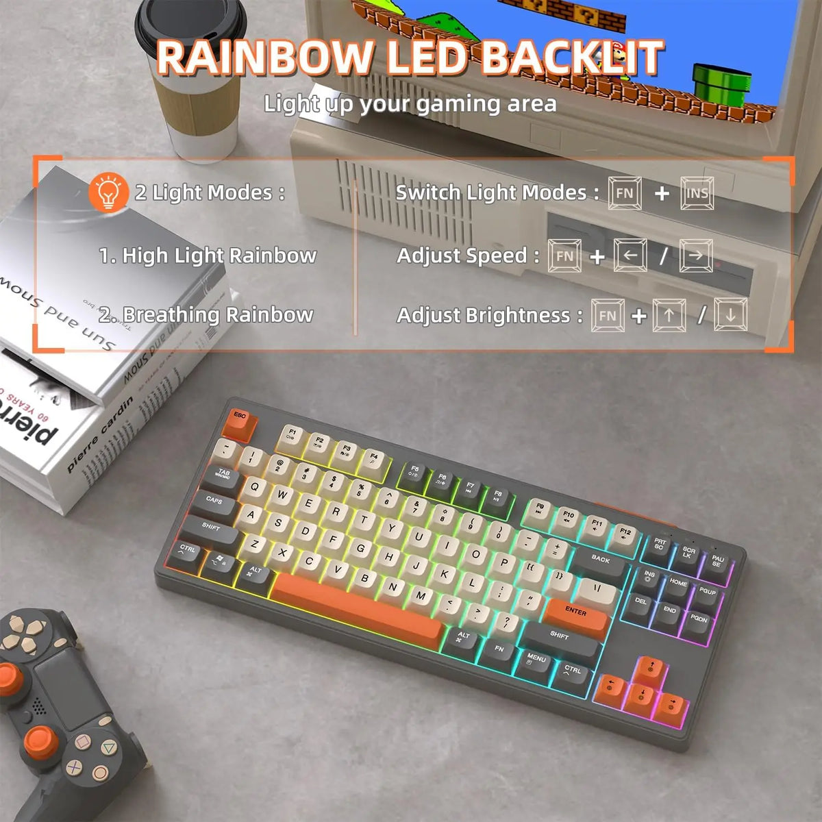 M87 Wireless Gaming Keyboard, Bluetooth 5.0/2.4Ghz with Dual Mode 2-In-1 Receiver, 87 Keys TKL Rainbow LED Backlit Quiet Keyboar