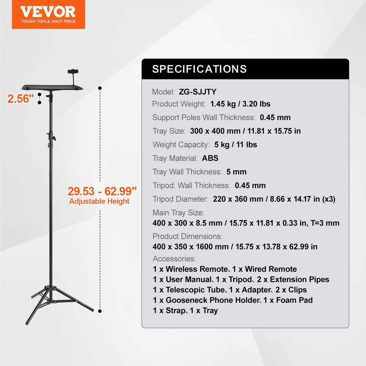Portable Projector Tripod Stand Adjustable Height W/ Tray & Gooseneck Phone Holder for Outdoor Movies Home Office Stage