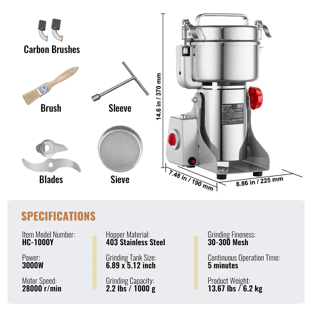 150-2500G Electric Grain Mill Grinder Commercial Swing Spice Grinders for Dry Herbs Grains Spices Cereals Coffee Corn