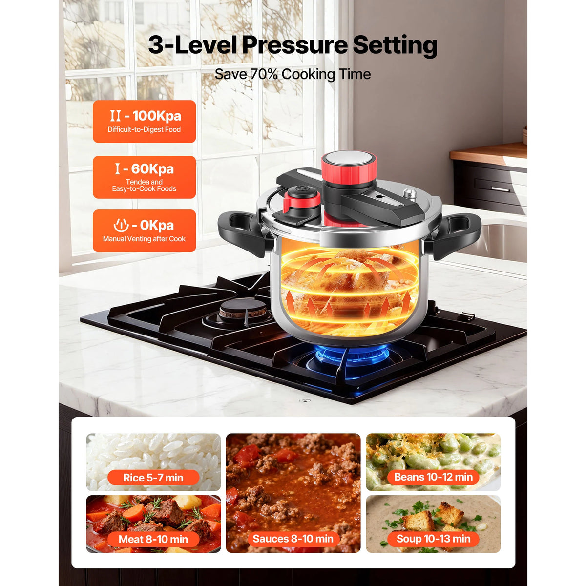 6.3 8 10 12 Qt Pressure Cooker Stainless Steel Pressures Canner with Steaming Rack Tempered Glass Lid for Meat, Beans,