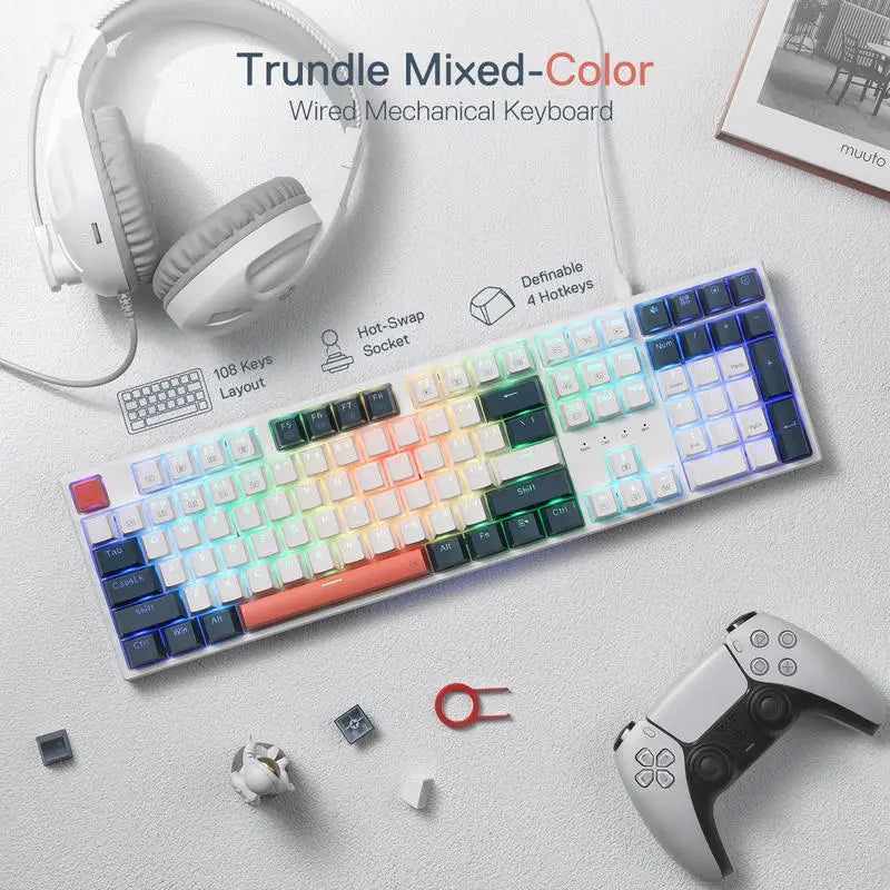 K668 RGB Gaming Keyboard, 108 Keys Wired Mechanical Keyboard W/Extra 4 Hotkeys Upgraded Hot-Swappable Socket，Red Switch