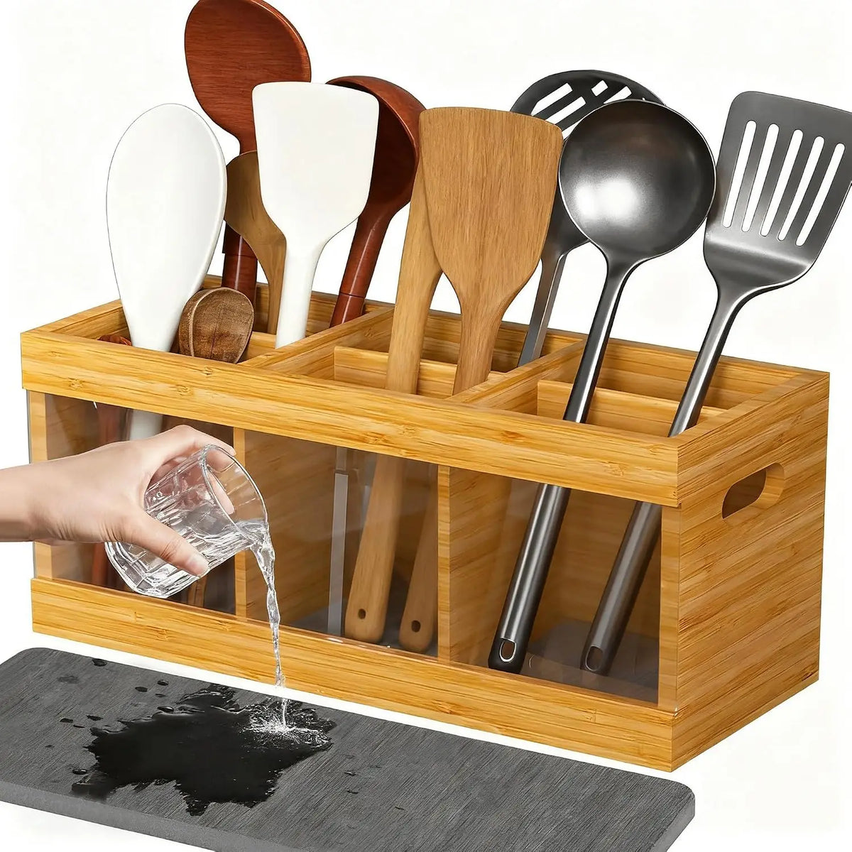 Bamboo Utensil Storage Organizer with Diatomaceous Earth Drying Mat 12-Inch Kitchen Kitchen Cutlery Holder with 6 Compartments, Natural Wood Silverware Caddy for Home & Party