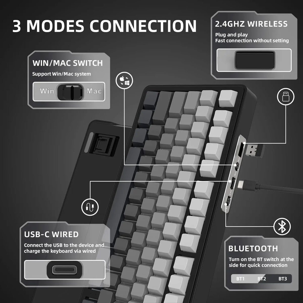 X85 Wireless Mechanical Gaming Keyboard,Tkl 82 Keys,Gasket Structure,Knob,Rgb Hot Swappable Custom Keyboard
