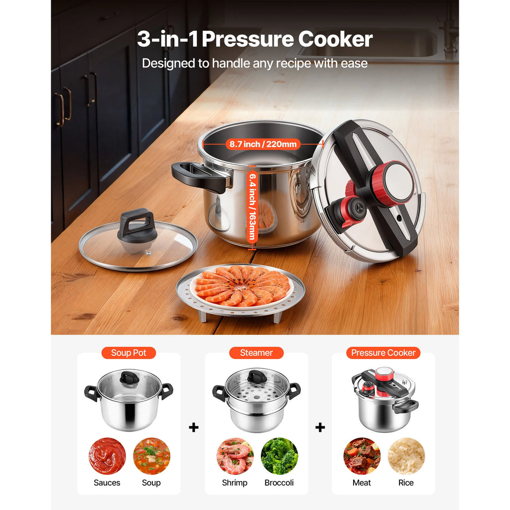6.3 8 10 12 Qt Pressure Cooker Stainless Steel Pressures Canner with Steaming Rack Tempered Glass Lid for Meat, Beans,