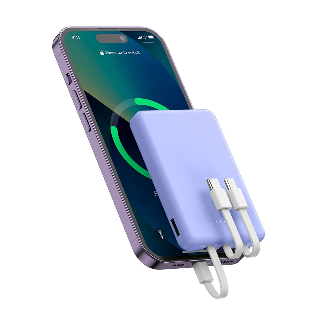Mini 5000Mah Portable Power Bank with Built-In LED Digital Display, 1 USB-A Port and 3 Integrated Charging Cords, Ultra Compact External Battery Pack, Support Multiple Devices Simultaneous Charging Compatible with Android Smartphones Tablets Travel Emerg