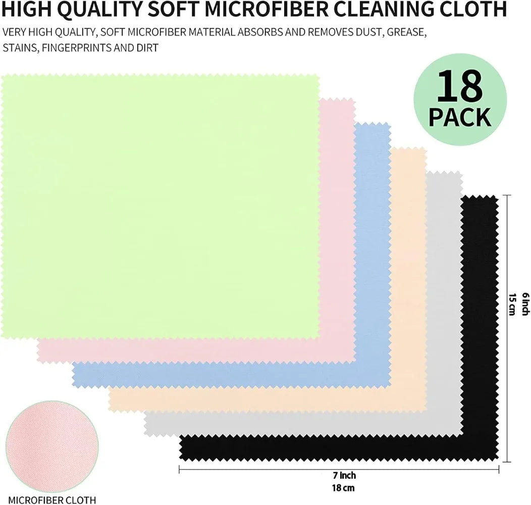 18 Pack of Microfiber Cleaning Cloths (7" X 6") Multicolor Eyeglass Cleaning Cloths for Eyeglasses, Camera Lenses, Mobile Phones
