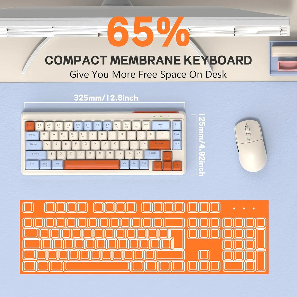 M68 65% Wireless Gaming Keyboard,Tri-Mode Silent Membrane Keyboard,Pbt Keycaps,2000Mah 67 Keys Rainbow LED Backlit for Win/Mac