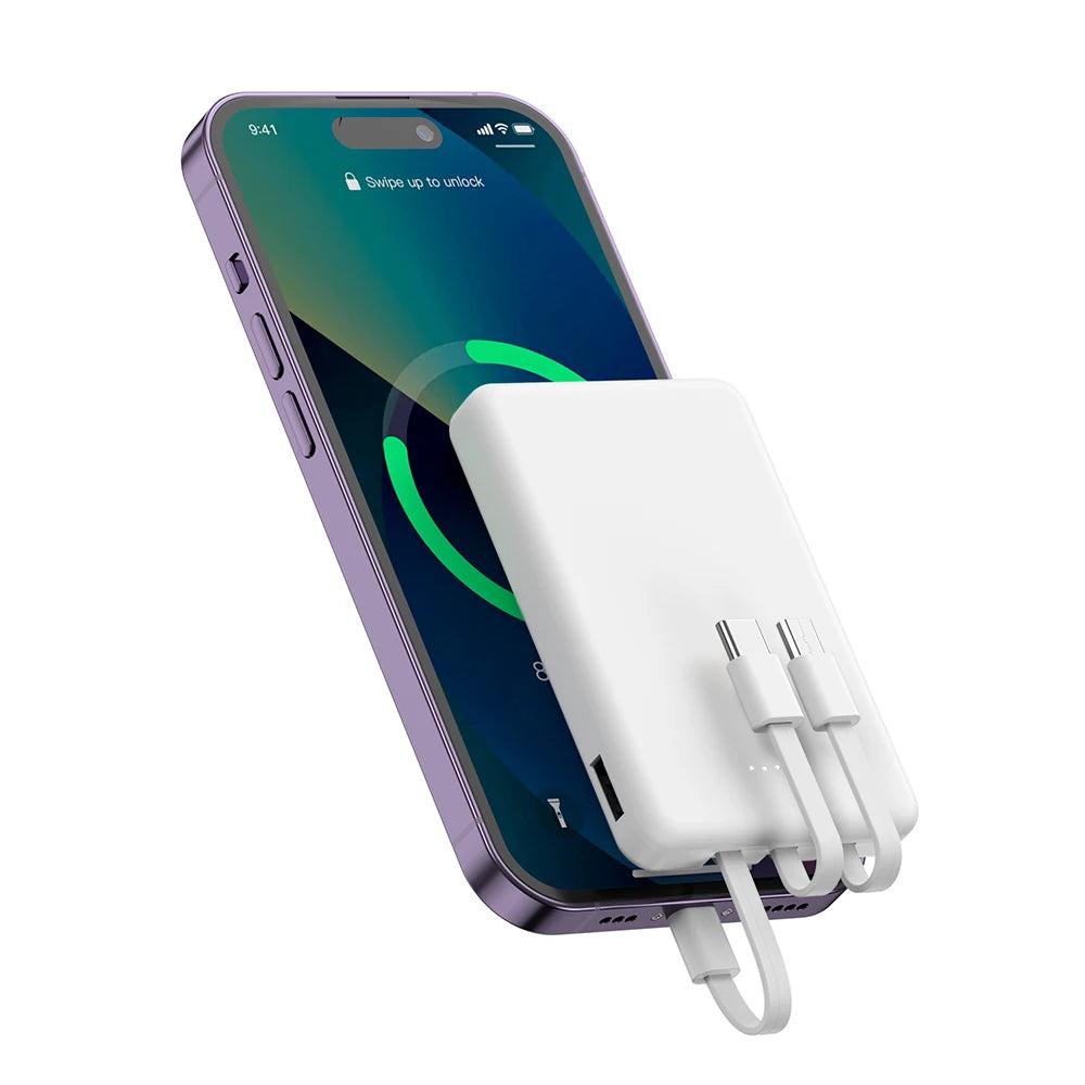 Mini 5000Mah Portable Power Bank with Built-In LED Digital Display, 1 USB-A Port and 3 Integrated Charging Cords, Ultra Compact External Battery Pack, Support Multiple Devices Simultaneous Charging Compatible with Android Smartphones Tablets Travel Emerg