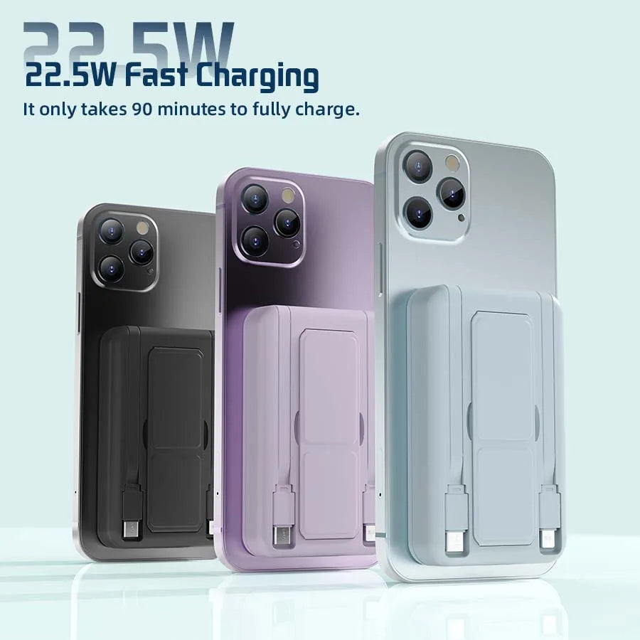 10000Mah Portable Magnetic Wireless Power Bank, 22.5W Fast Charging for All Smartphones, Mobile Power Supply with Back Clip & Foldable Desktop Stand