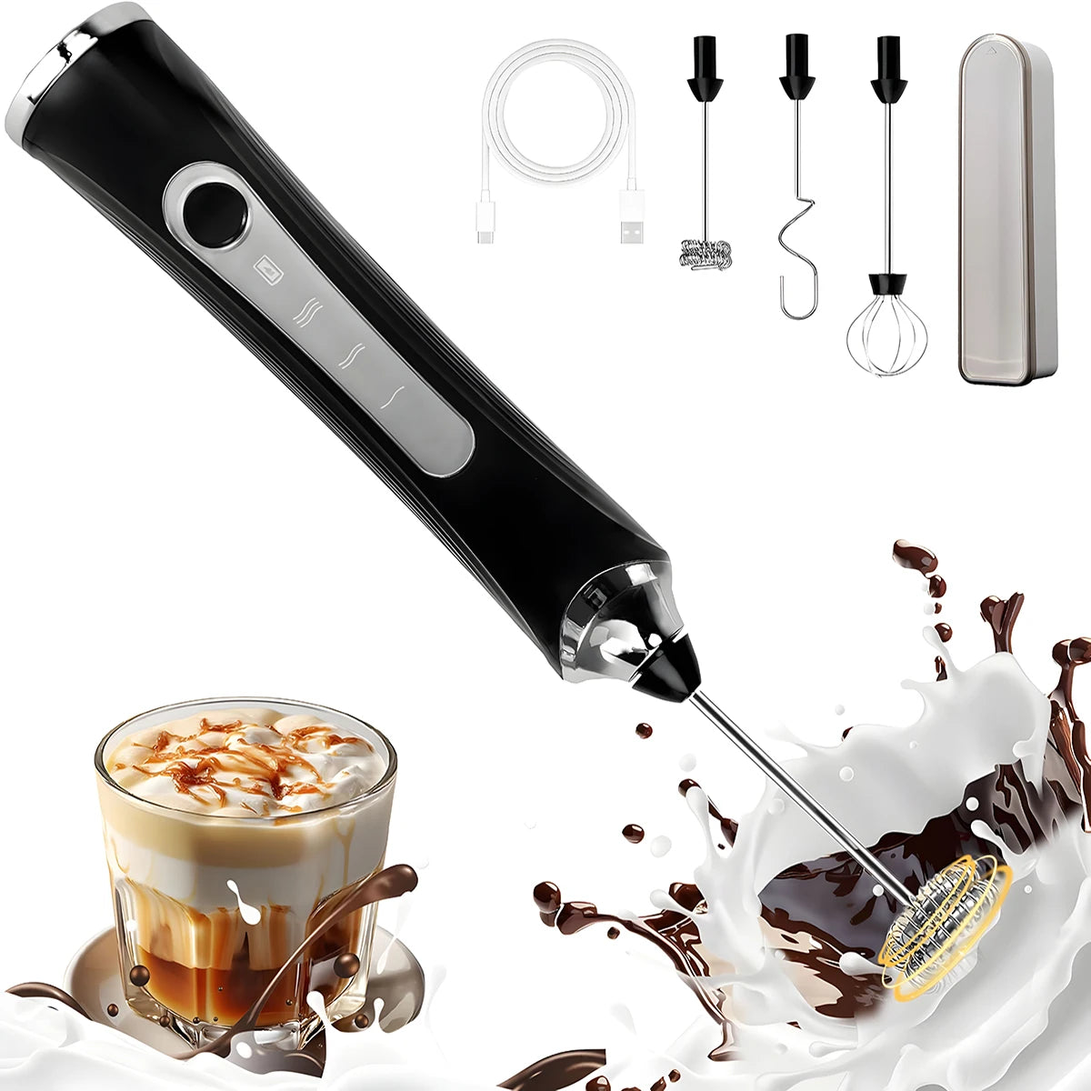 Handheld Milk Coffee Frother Rechargeable Electric Whisk Drink Mixer for Latte Cappuccino Hot Chocolate Egg Kitchen Whisk Gadget