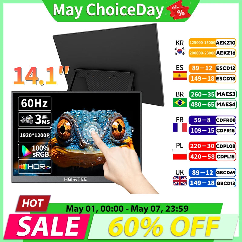 14.1 Inch Portable Monitor 10-Point Touchscreen 100%Srgb 1200P IPS Second External Screen for Laptop Phone Mac Xbox Switch PS4/5