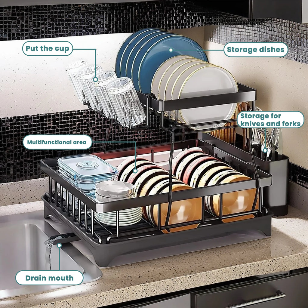 Large 2-Tier Dish Drying Rack for Kitchen Countertops, Removable Large-Capacity Dish Draining Rack
