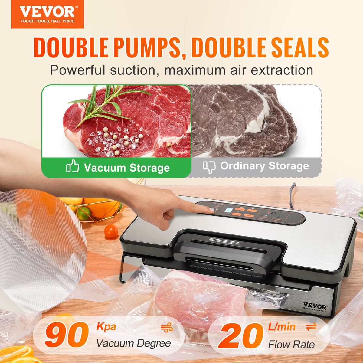 90Kpa 130W Vacuum Sealer Food Packaging Machine with Free 10Pcs Vacuum Bags for Household Kitchen Vacuum Food Sealing