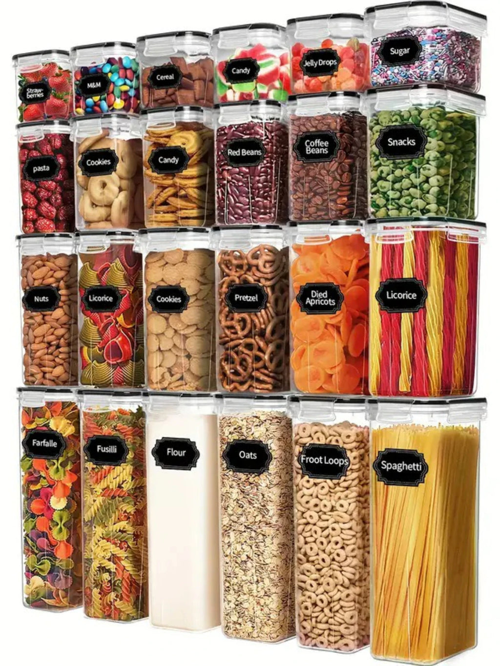 24Pcs Airtight Food Storage Containers with Labels for Flour Grains, Coffee Beans and Kitchen Spices Keep Food Fresh Organized