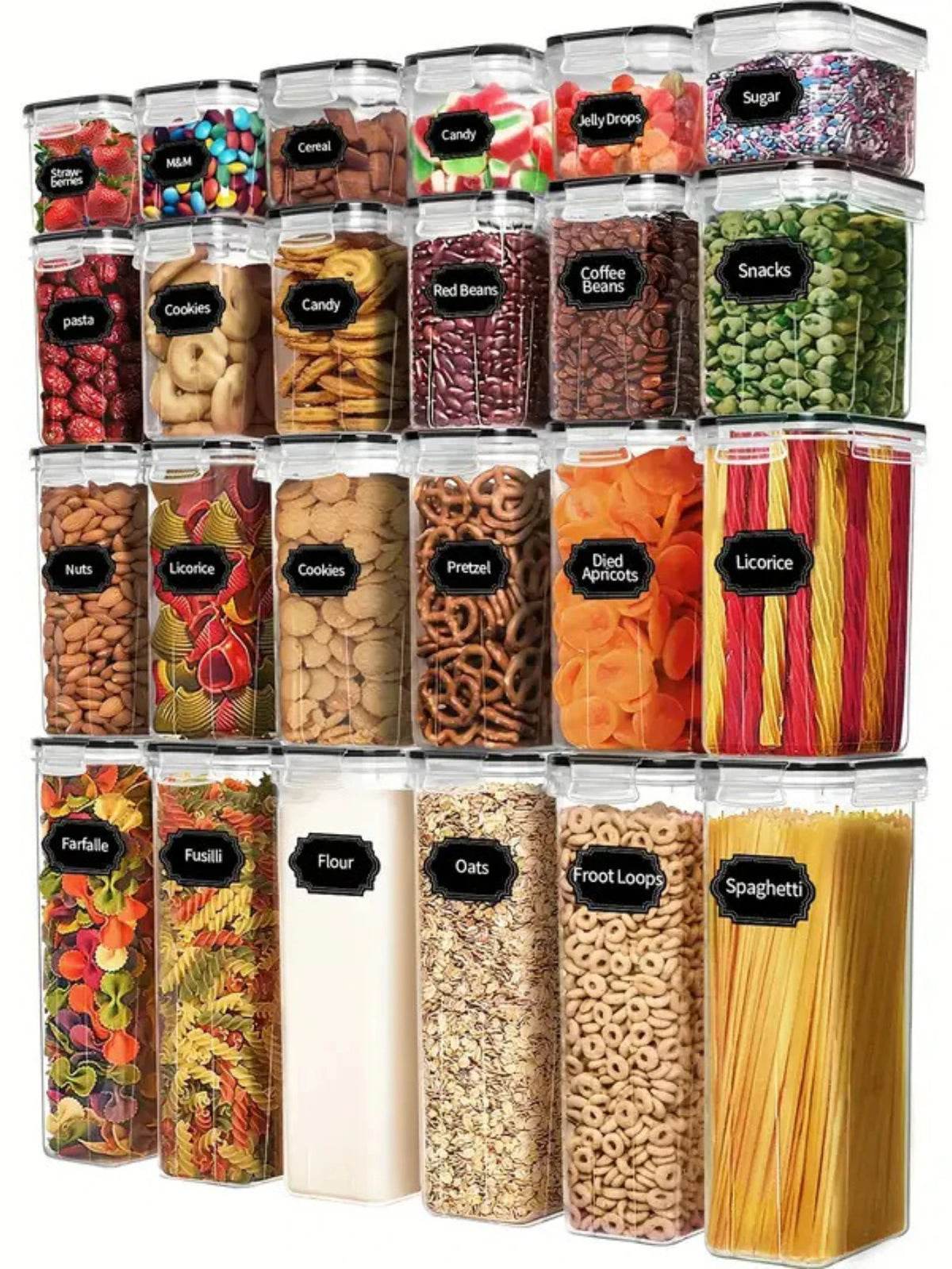 24Pcs Airtight Food Storage Containers with Labels for Flour Grains, Coffee Beans and Kitchen Spices Keep Food Fresh Organized