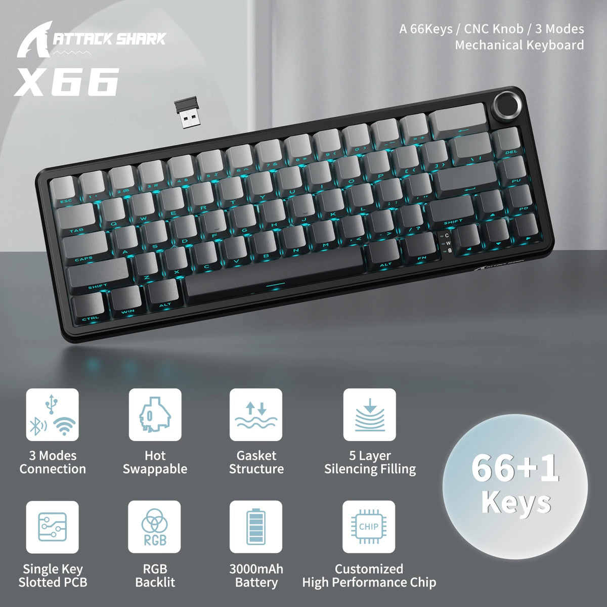 X66 65% Wireless Mechanical Keyboard with Knob, 66 Keys Tri Mode Gasket Hot Swap RGB Gaming Keyboard 60 Percent,Pbt