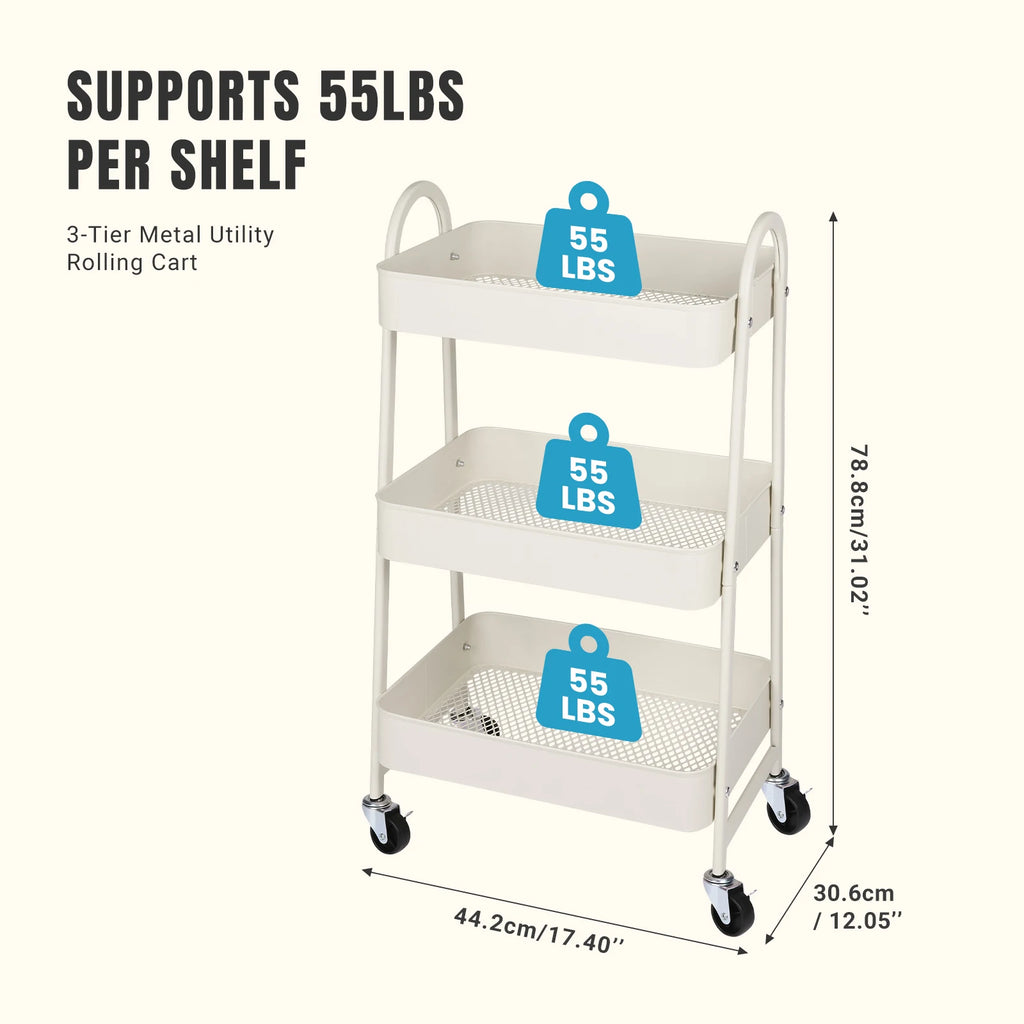 3 Tier Metal Storage Kitchen Cart with Lockable Wheels Mobile Shelving Unit Utility Rolling Organizer for Home Narrow Places
