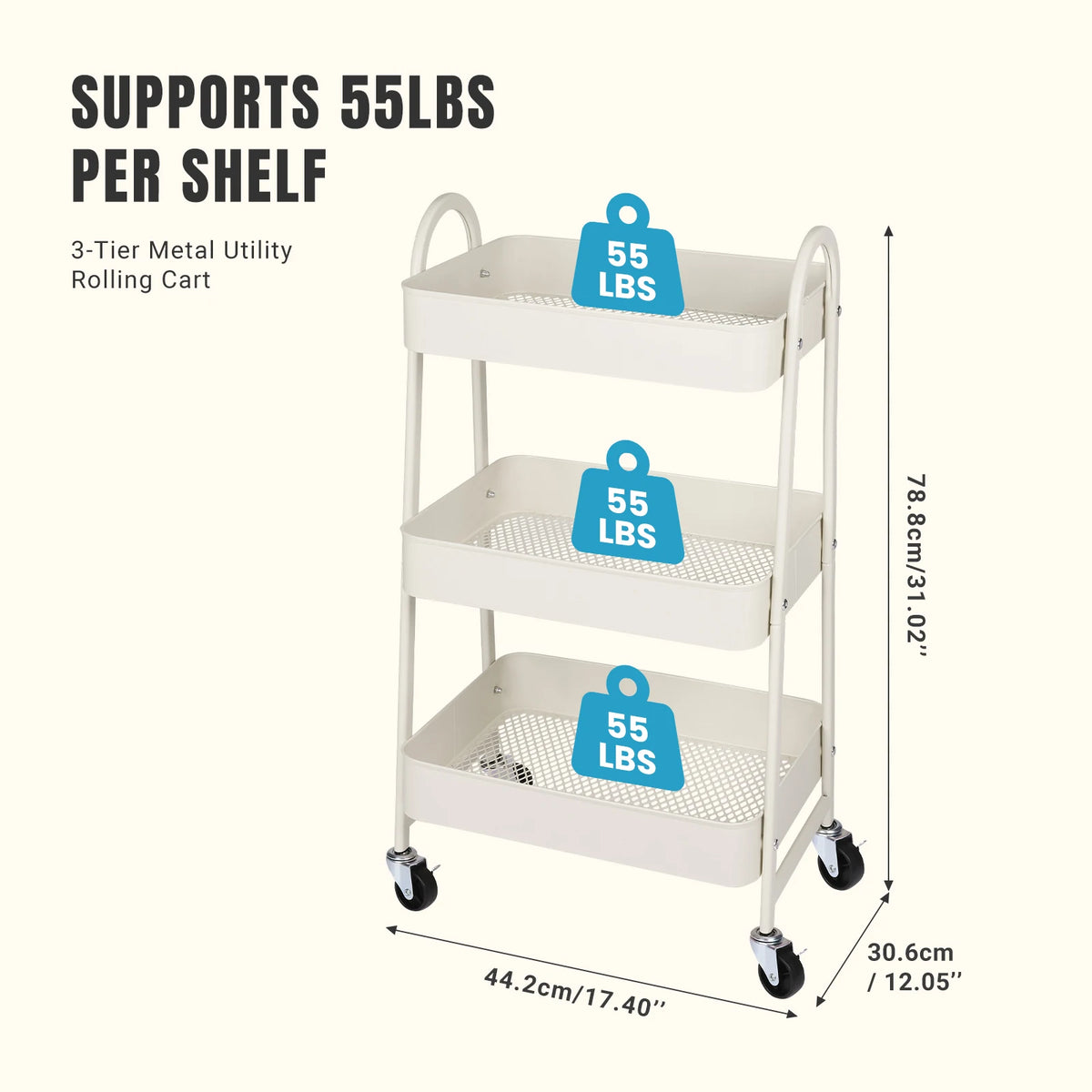 3 Tier Metal Storage Kitchen Cart with Lockable Wheels Mobile Shelving Unit Utility Rolling Organizer for Home Narrow Places