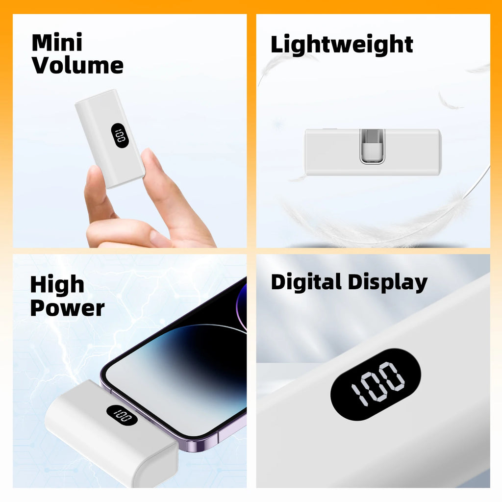 Lightweight 5000Mah Portable Power Bank with Built-In Type C Foldable Functionality, Suitable for Charging All Type C Devices.