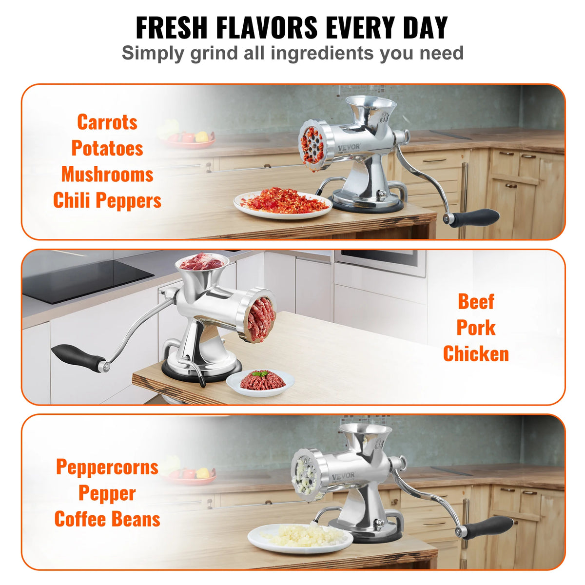 Manual Meat Grinder 304 Stainless Steel Hand Meat Grinder with Suction Cup&Steel Table Clamp Meat Mincer Sausage Maker