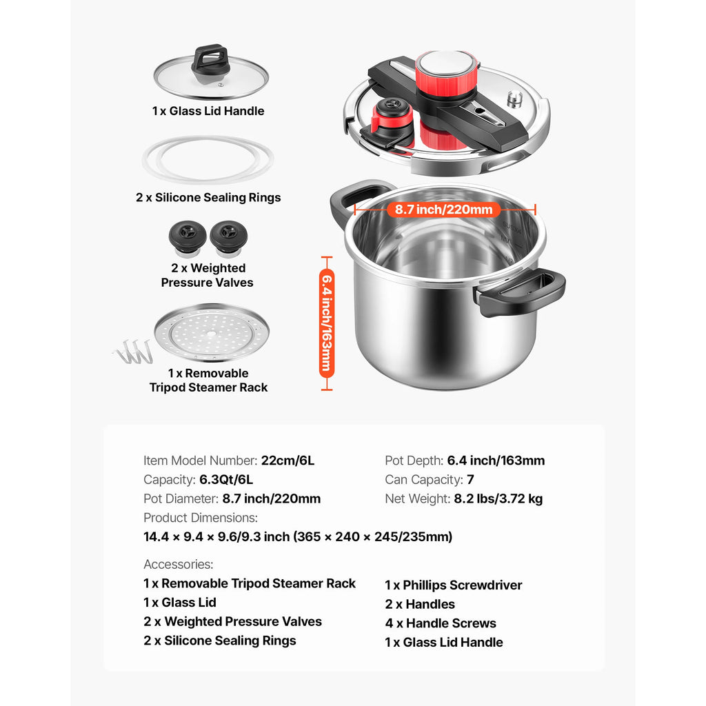 6.3 8 10 12 Qt Pressure Cooker Stainless Steel Pressures Canner with Steaming Rack Tempered Glass Lid for Meat, Beans,