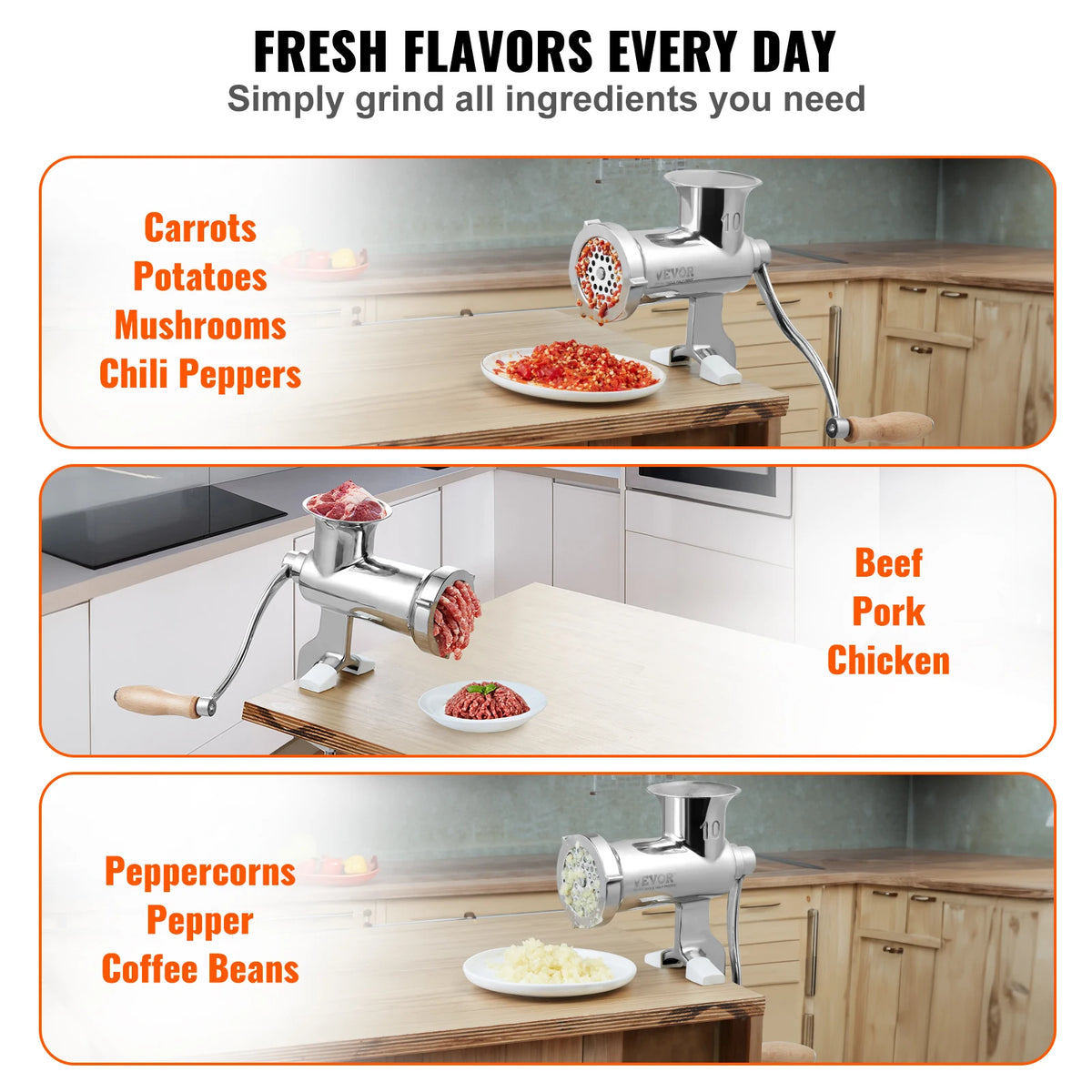 Manual Meat Grinder 304 Stainless Steel Hand Meat Grinder with Steel Table Clamp Meat Mincer Sausage Maker