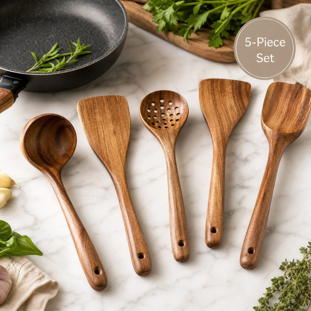 5Pcs Wooden Utensil Set with Hanging Holes, Food Grade Spoons and Spatula 24-33.7Cm, Non-Toxic Smooth Kitchen Tools for Cooking