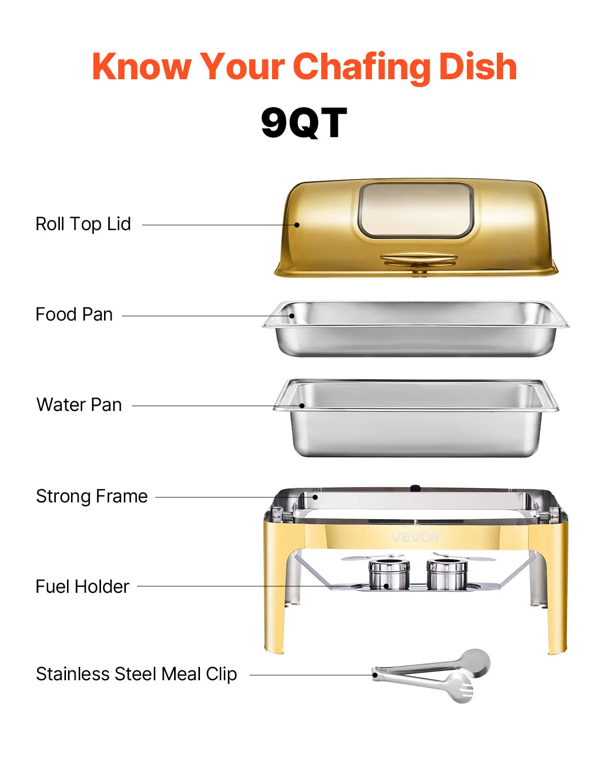 9Qt Roll Top Chafing Dish Buffet Stainless Steel Chafer with Full Size Pan Visible Lid Rectangle Catering Warmer Server