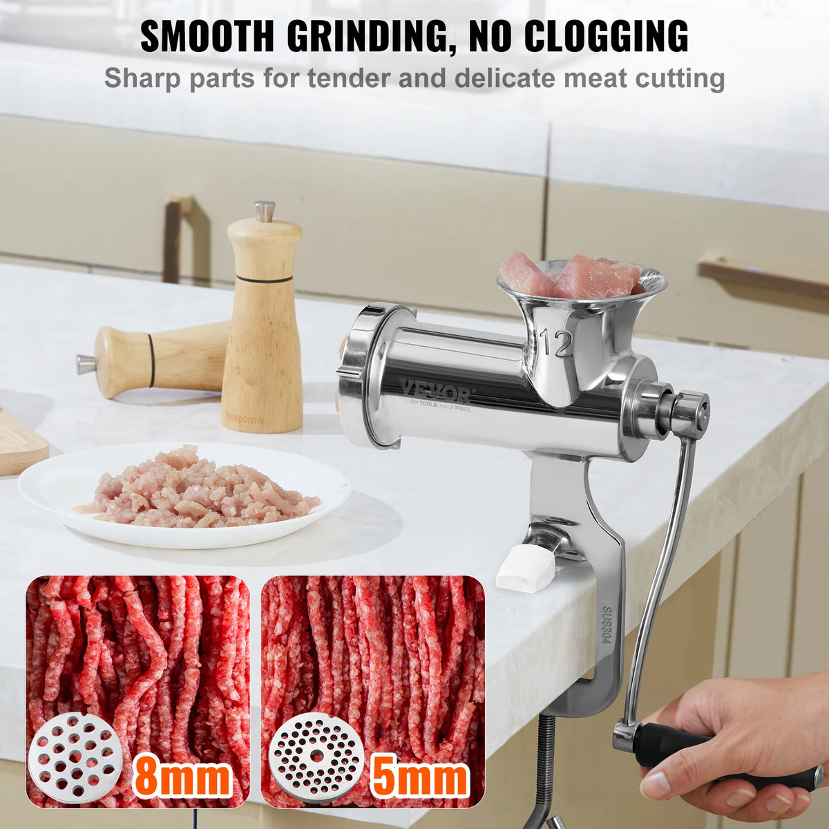 Manual Meat Grinder 304 Stainless Steel Hand Meat Grinder with Steel Table Clamp Meat Mincer Sausage Maker