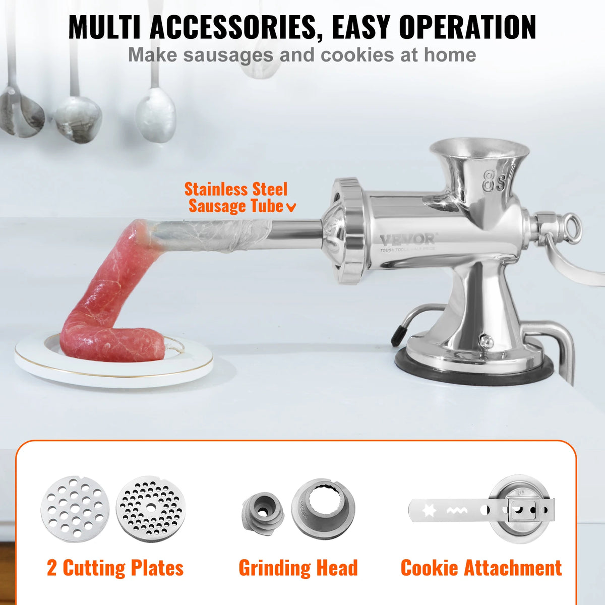 Manual Meat Grinder 304 Stainless Steel Hand Meat Grinder with Suction Cup&Steel Table Clamp Meat Mincer Sausage Maker