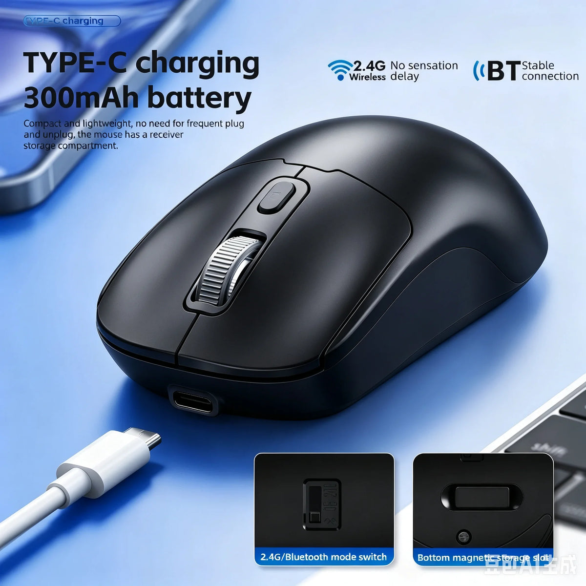 Rechargeable Wireless Mouse Bluetooth 2.4G Dual Mode Ergonomic Computer Mouse Silent Office Mouse Type-C Charging 800/1200/1600 DPI Adjustable Mice for Laptop Desktop Tablet PC Portable Gaming Mouse