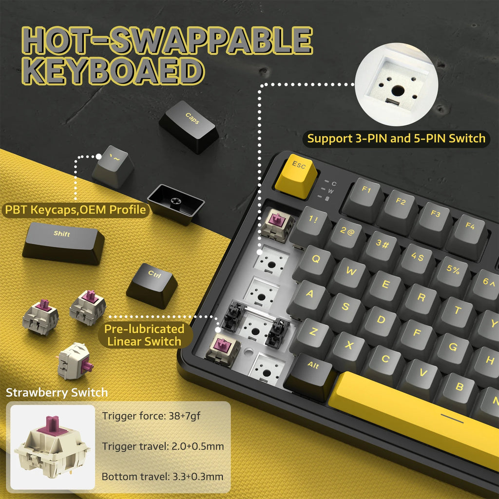 X87 Wireless Mechanical Gaming Keyboard, Tri-Mode Bt5.0/2.4Ghz/Usb-C Gasket Hot Swappable Custom Keyboard, Pre-Lube