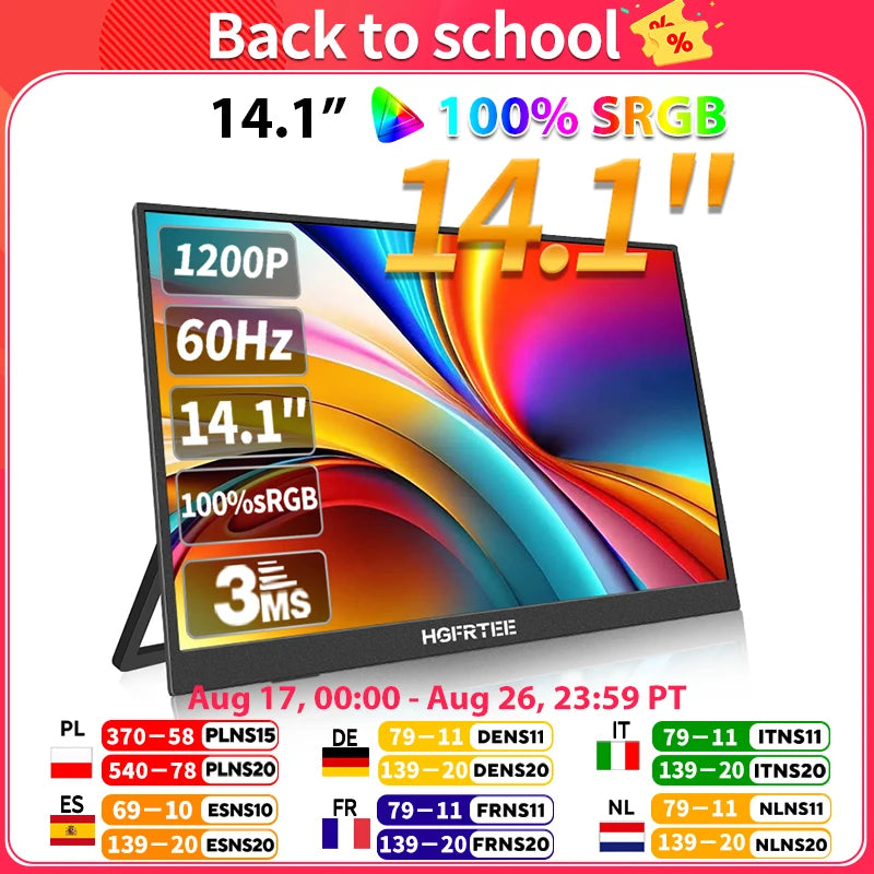 14.1Inch Mobile Portable Monitor IPS Second Game Screen Extended Display for Laptop with Bracket for Xbox/Raspberry Pi