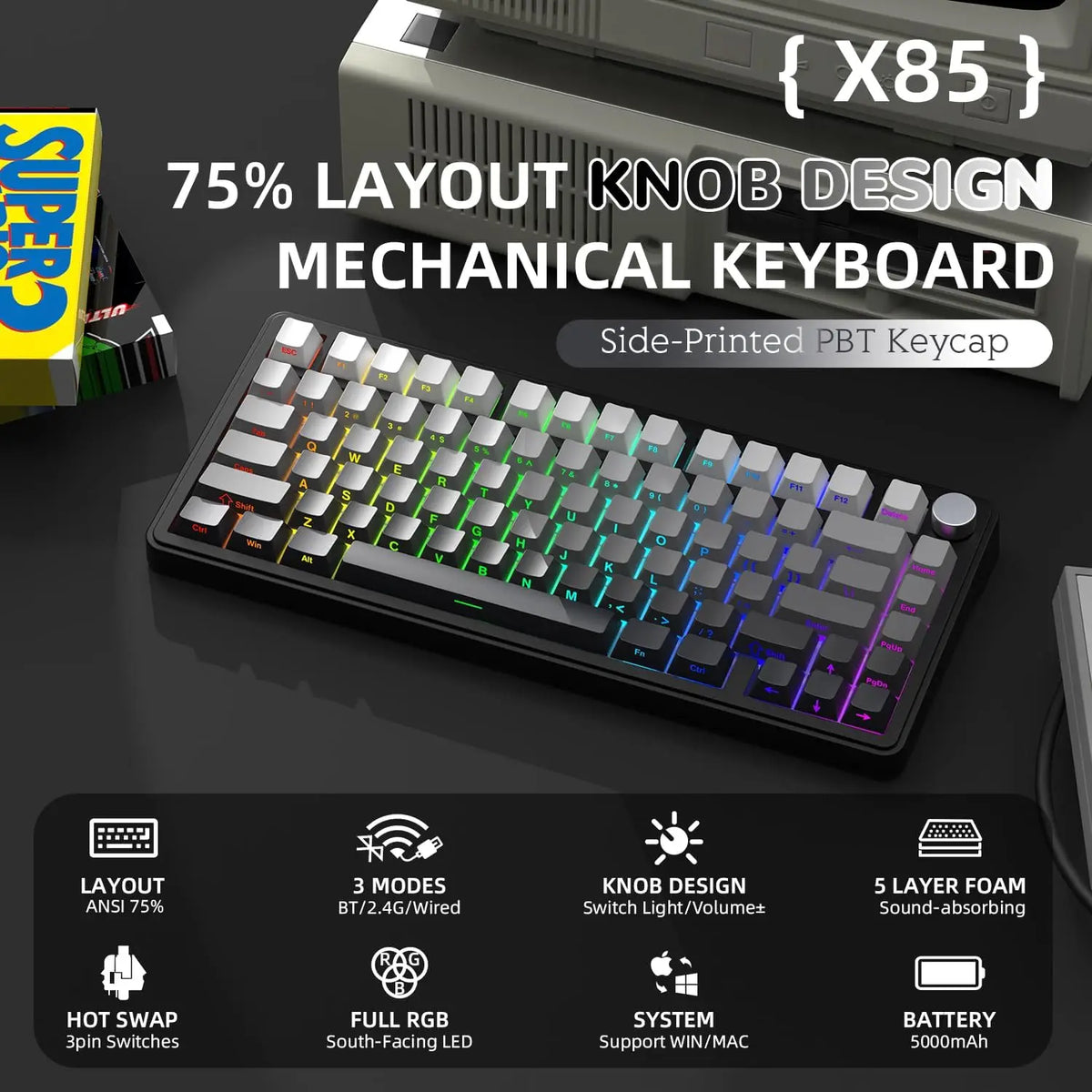 X85 Wireless Mechanical Gaming Keyboard,Tkl 82 Keys,Gasket Structure,Knob,Rgb Hot Swappable Custom Keyboard