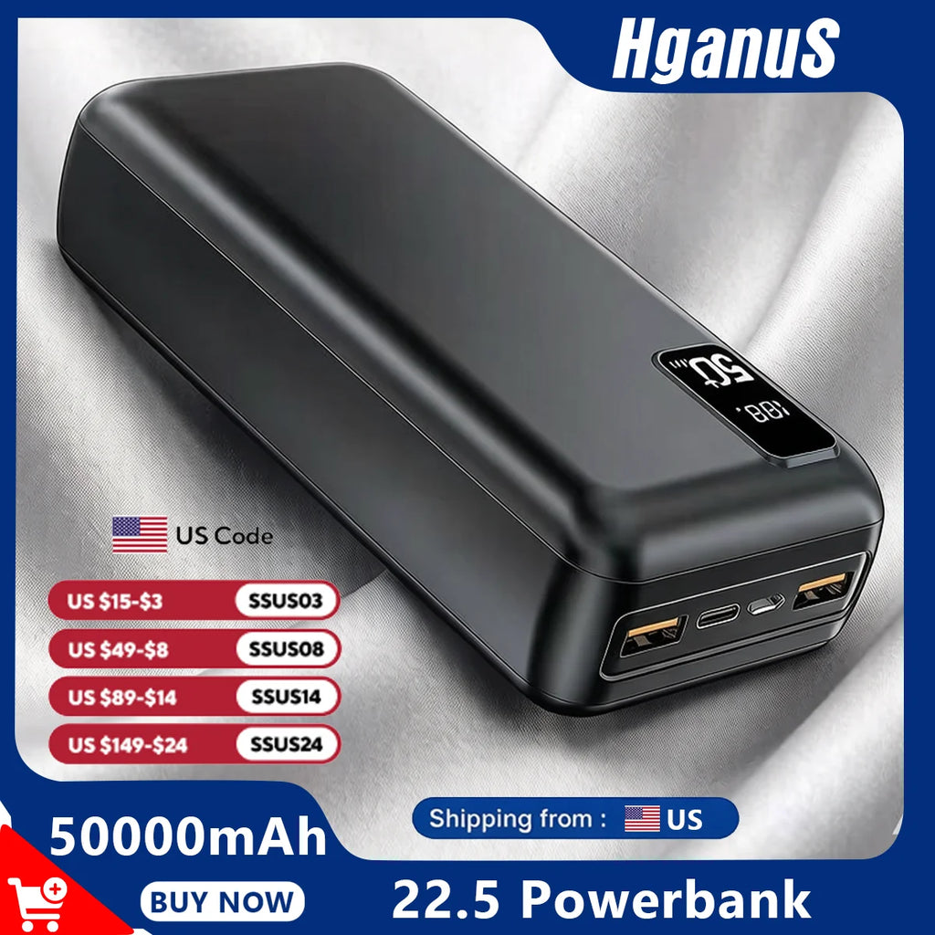 50000Mah Powerbank 22.5W Fast Charge Protable Powerbank External Battery High Capacity for Iph Xiaomi Samsung Outdoor Use