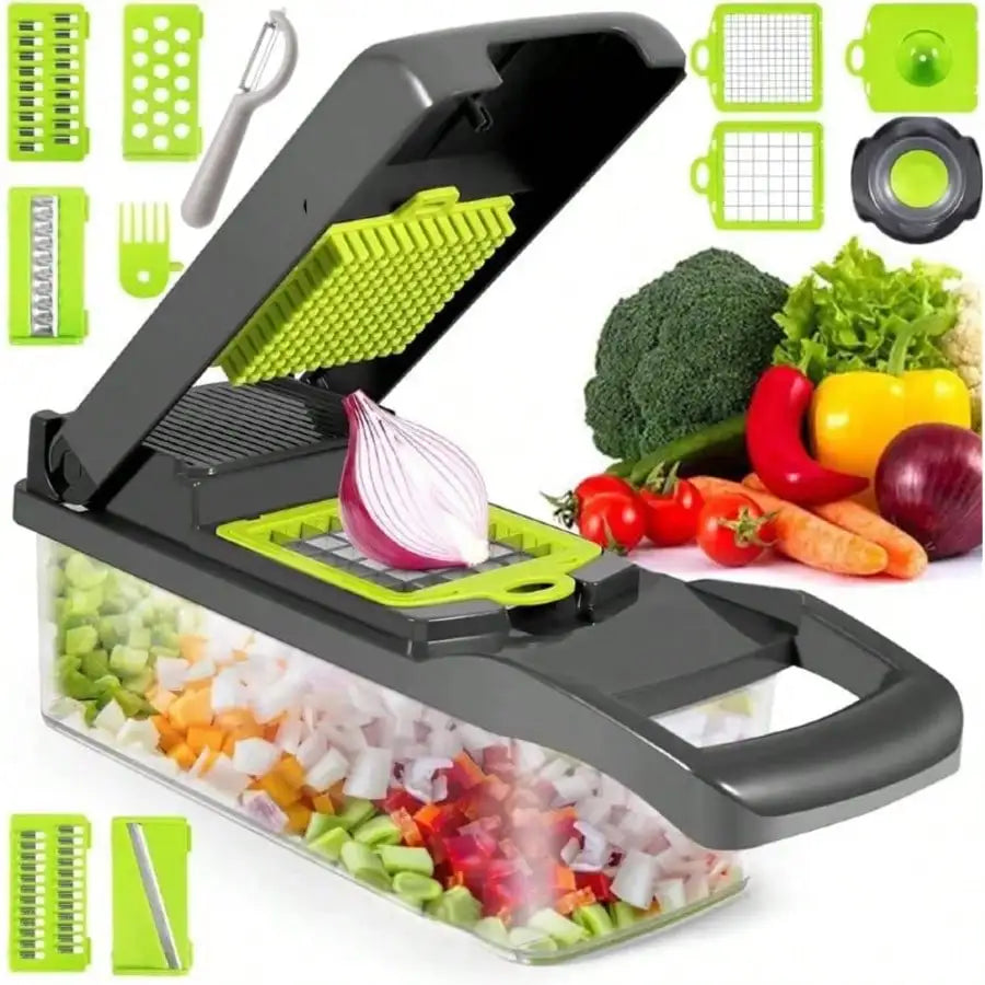 16-In-1 Vegetable Chopper with 8 Blades, Container, Shredder and Strainer, Vegetable Slicing, Dicing, Shredding, Cubing, Multi-Purpose, Great Home Kitchen Gifts