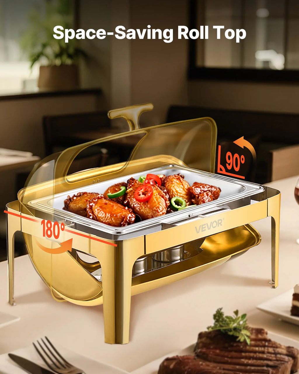 9Qt Roll Top Chafing Dish Buffet Stainless Steel Chafer with Full Size Pan Visible Lid Rectangle Catering Warmer Server