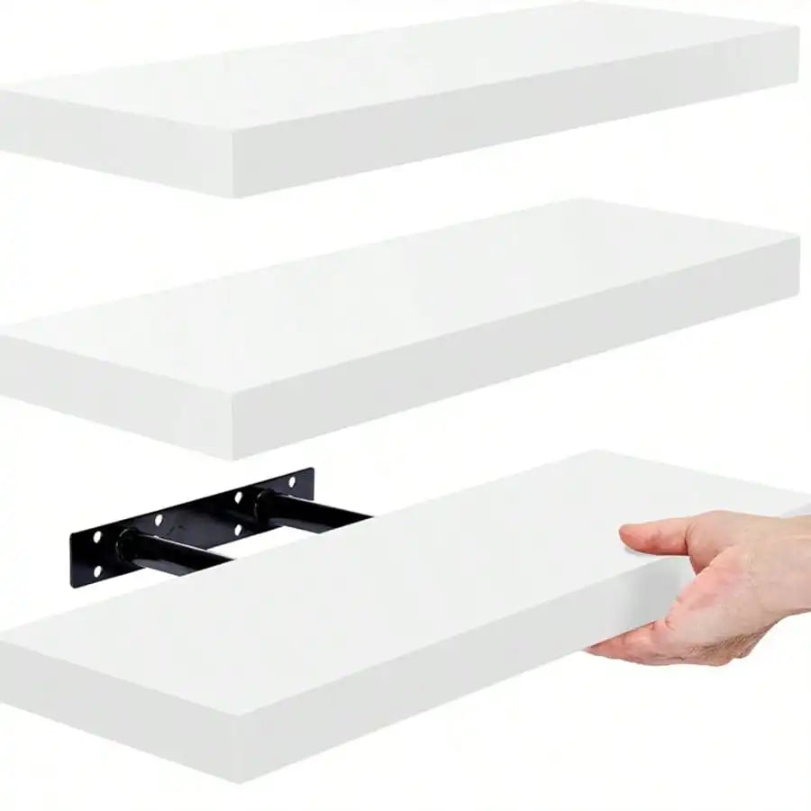Floating Shelving Unit for Home Goods; Wall Shelves for Bathroom, Living Room, Bedroom, and Kitchen Decor; White Bookshelf with Hidden Brackets; Set of 3